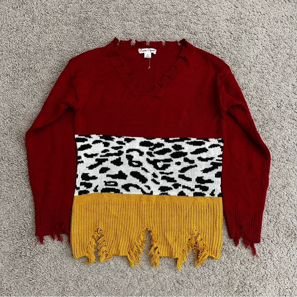 Caren Sport Knit Distressed Red Yellow Cow Print Womens 1X